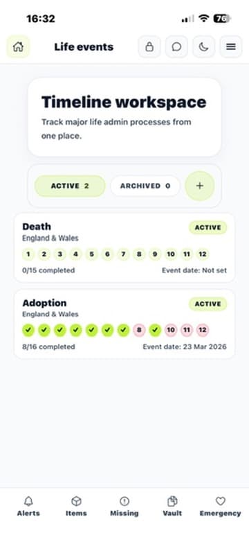 Life events timeline workspace screen