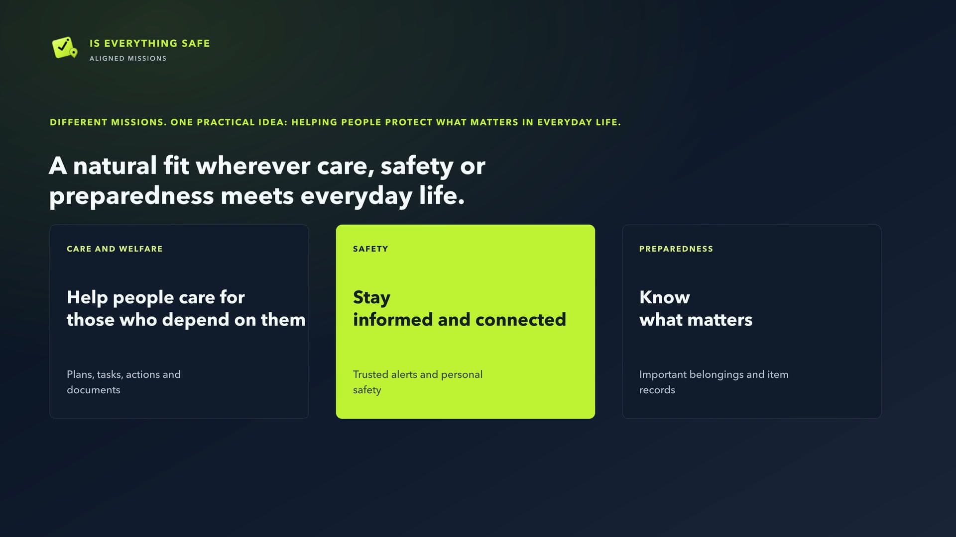 Partnership overview showing care and welfare, safety, and preparedness as aligned missions